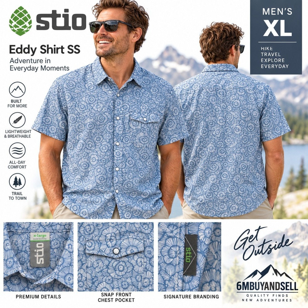 Stio Eddy Shirt SS Mens XL Blue White Floral Snap Front Short Sleeve 2495